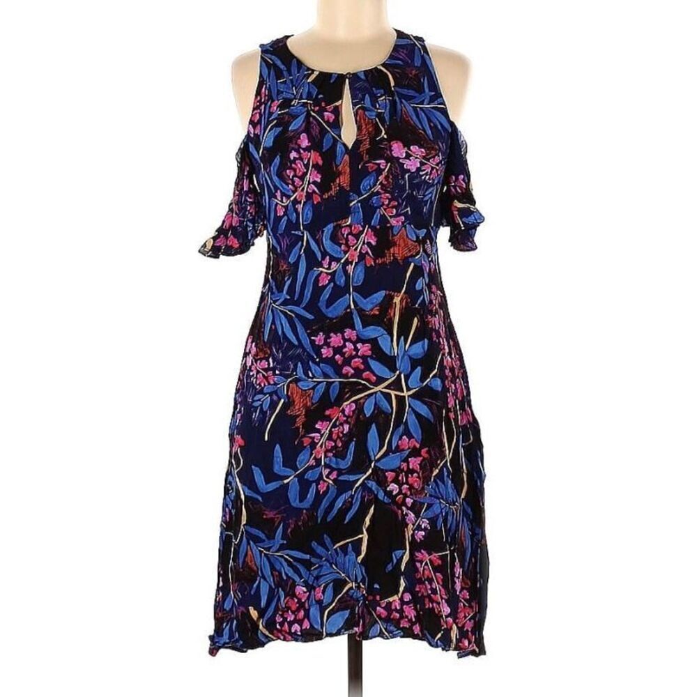 Cold Shoulder Midi Dress Floral Print Keyhole‎ Navy Blue Pink Sleeveless